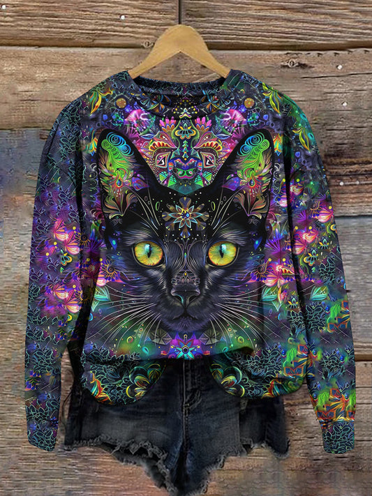 Cat Retro Print Unisex Crew Neck Long Sleeve Casual Sweatshirt