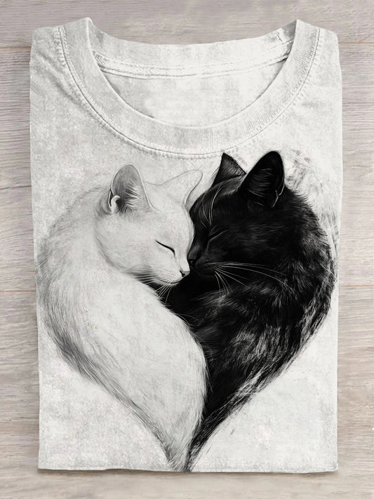 Unisex Black And White Cat Pattern Casual Round Neck Short Sleeve T-Shirt