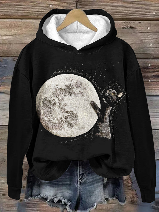 Unisex Moon Cat Embroidered Casual Hooded Sweatshirt