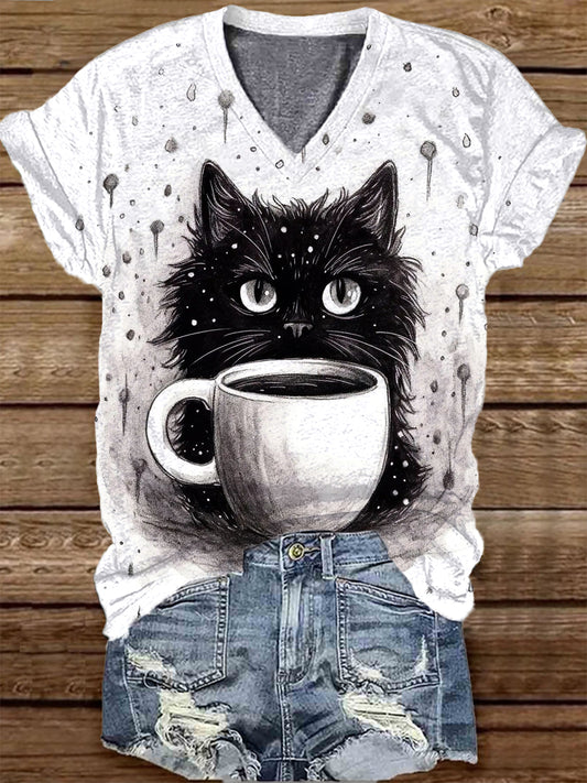 Unisex Cat Coffee Cup Pattern Casual V-Neck Short Sleeve T-Shirt