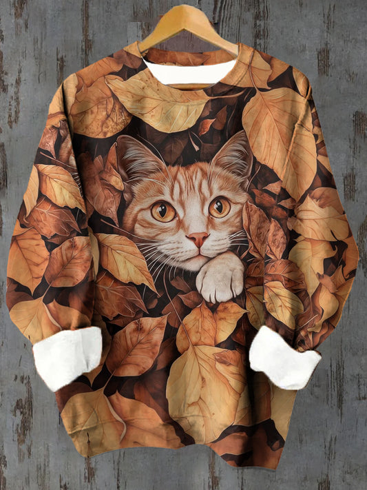 Unisex Leaf Cat Pattern Casual Round Neck Long Sleeve Sweatshirt