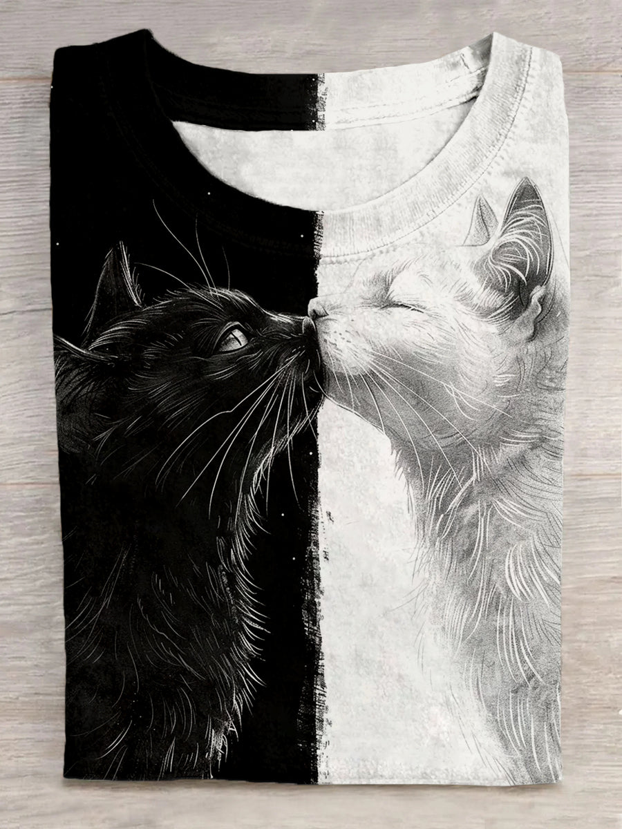 Unisex Black And White Cat Pattern Casual Round Neck Short Sleeve T-Shirt