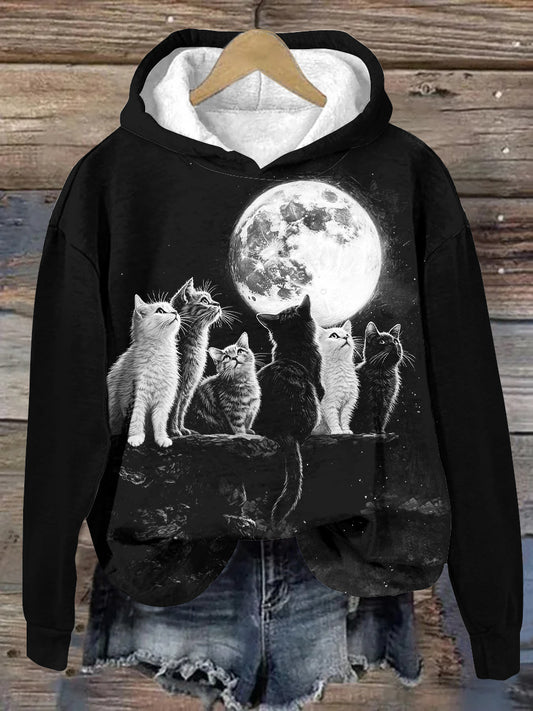 Unisex Moon Cat Pattern Casual Hooded Sweatshirt