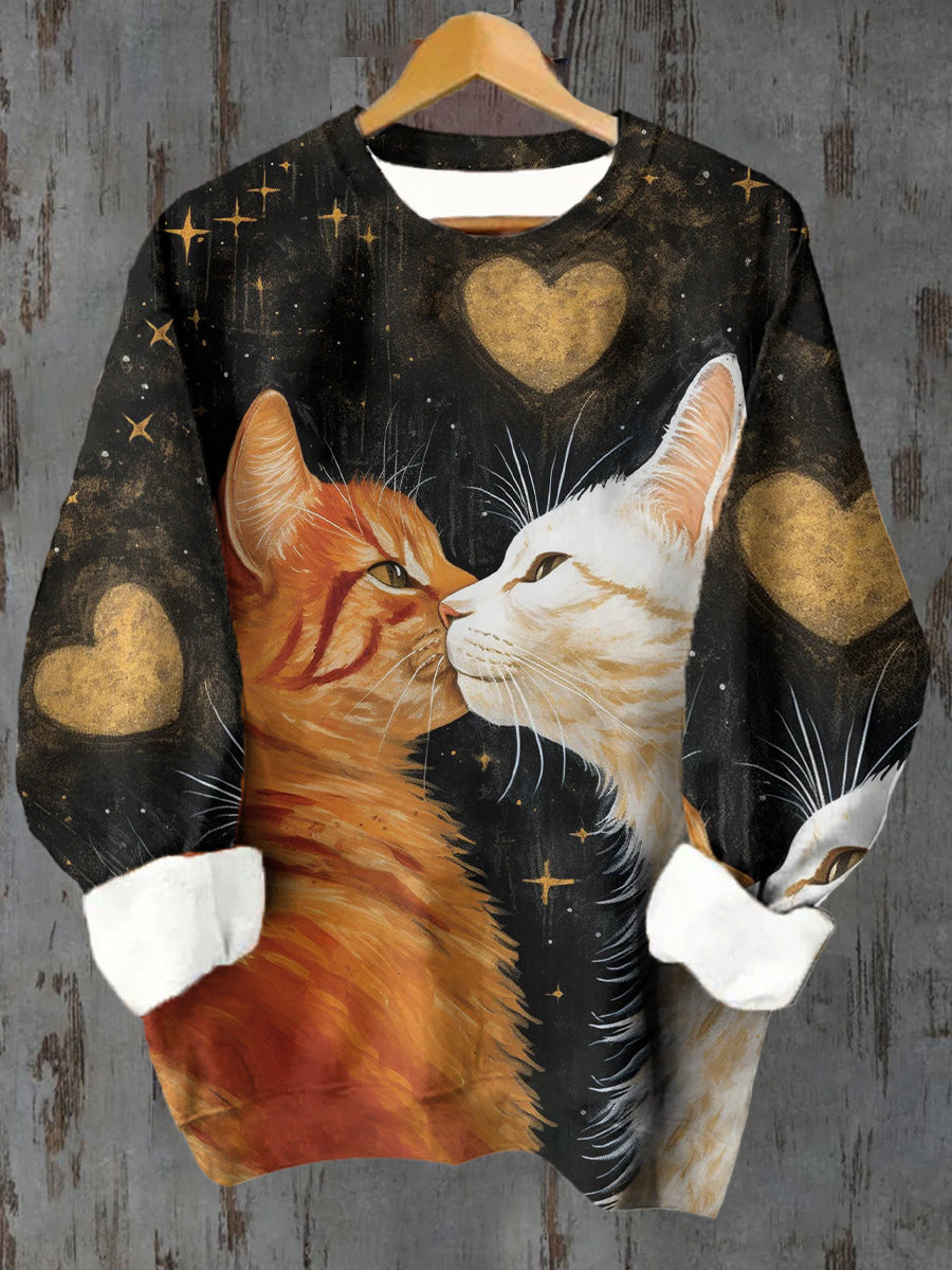 Unisex Cat Kissing Love Pattern Casual Round Neck Long Sleeve Sweatshirt