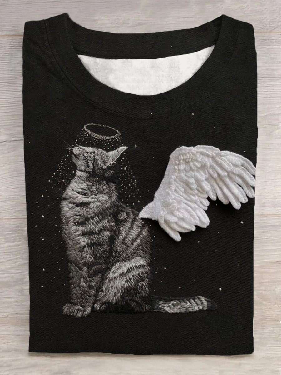 Unisex Cat Angel Wings Halo Pattern Casual Round Neck Short Sleeve T-shirt