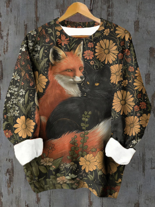 Unisex Fox and Cat Pattern Casual Round Neck Long Sleeve Sweatshirt