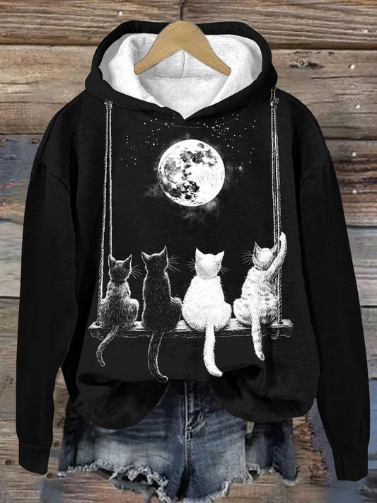 Unisex Moon Swing Cat Pattern Casual Hooded Sweatshirt