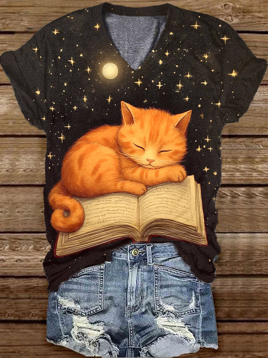 Unisex Moonlight Cat Book Pattern Casual V-neck Short Sleeve T-shirt