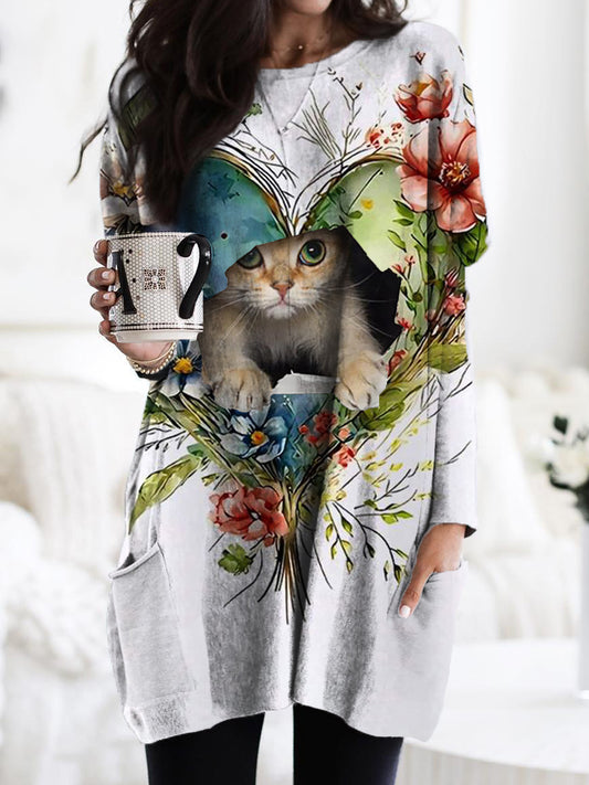 Women's Love Floral Cat Pattern Casual Pocket Round Neck Long Sleeve T-Shirt