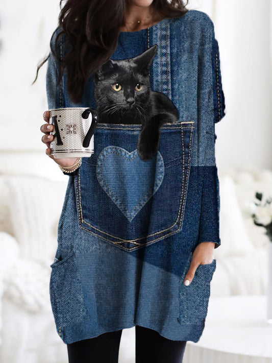 Women's Cat Denim Pattern Casual Pocket Round Neck Long Sleeve T-Shirt