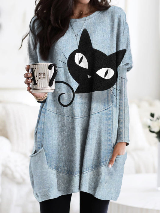 Women's Cat Denim Pattern Casual Pocket Round Neck Long Sleeve T-Shirt