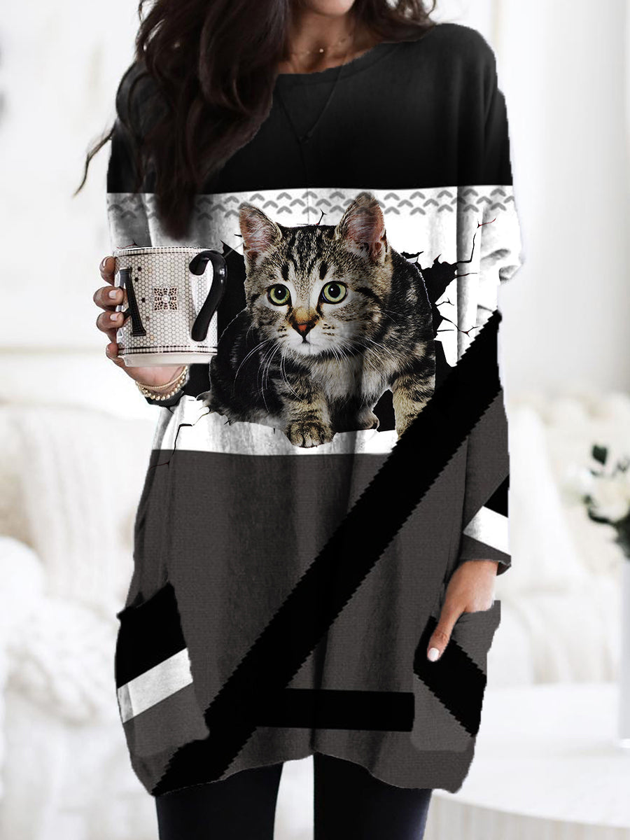 Women's Cat Stripe Pattern Casual Pocket Round Neck Long Sleeve T-Shirt