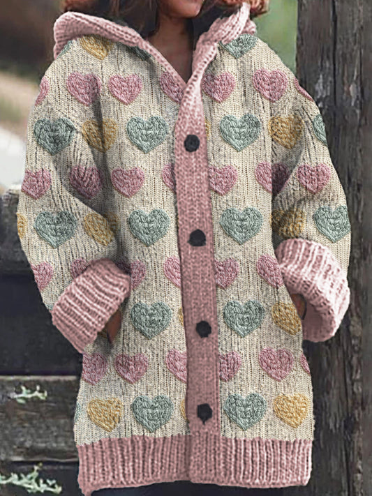 Women's Heart Pattern Warm Casual Button Open Hooded Cardigan