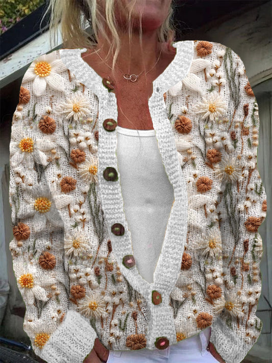 Women's Floral Embroidery Pattern Warm Casual Button Cardigan Sweater