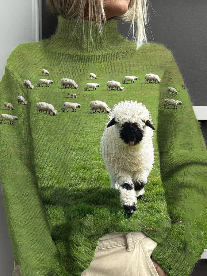 Women's Cute Sheep Animal Pattern Warm Casual Turtleneck Sweater