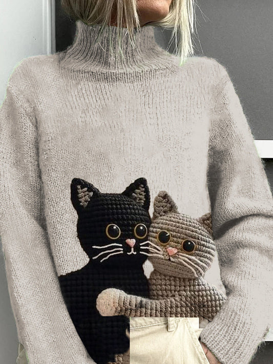 Women's Cat Pattern Warm Casual Turtleneck Sweater