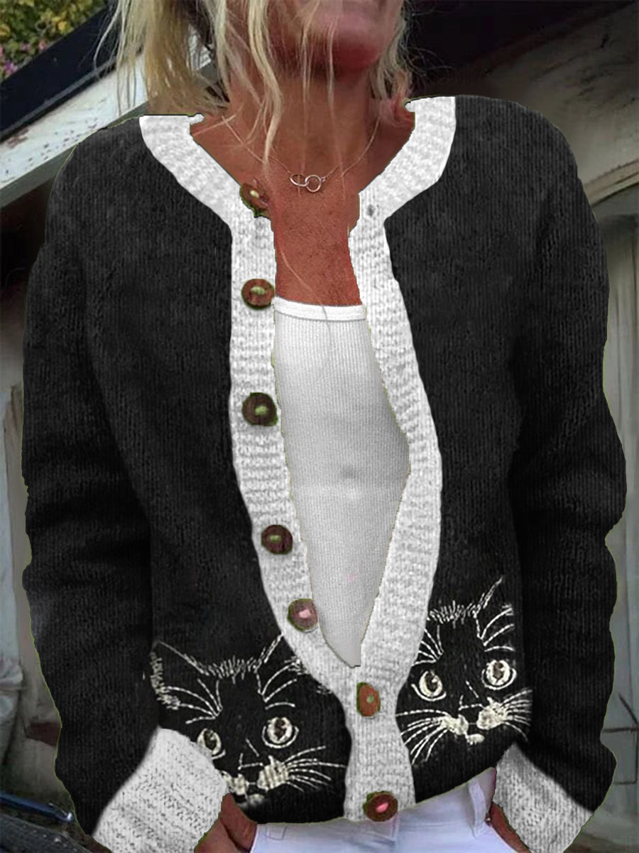 Women's Cat Embroidery Pattern Warm Casual Button Cardigan Sweater