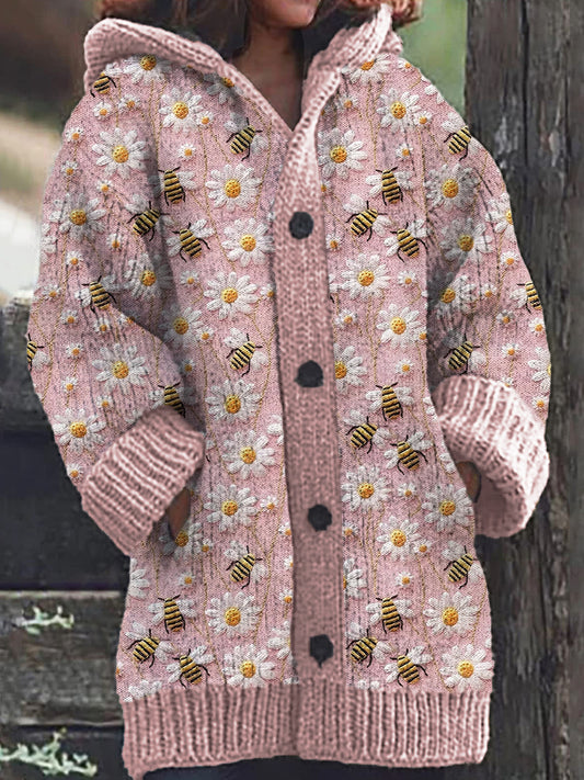 Women's Bee Animal Pattern Warm Casual Button Down Hooded Cardigan