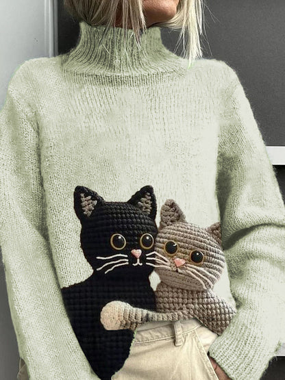 Women's Cat Pattern Warm Casual Turtleneck Sweater