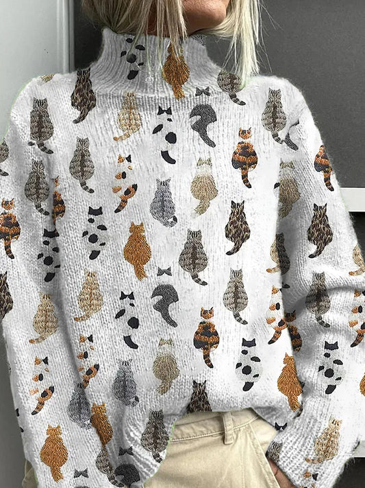 Women's Cat Pattern Warm Casual Turtleneck Sweater