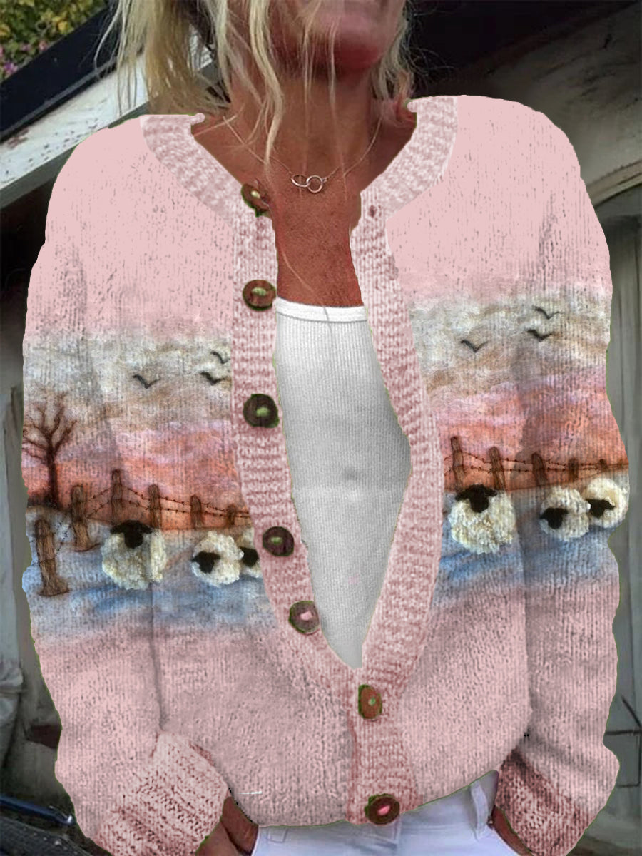 Women's Wool Felt Pattern Warm Casual Button Cardigan Sweater