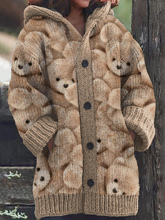 Women's Cute Bear Animal Pattern Warm Casual Button Down Hooded Cardigan