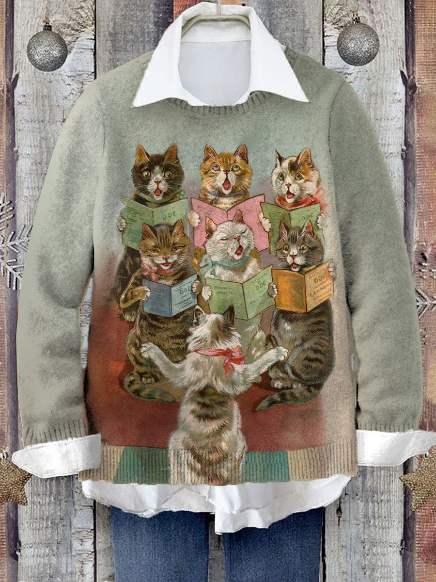 Women's Cat Chorus Pattern Crew Neck Casual Warm Pullover Sweater