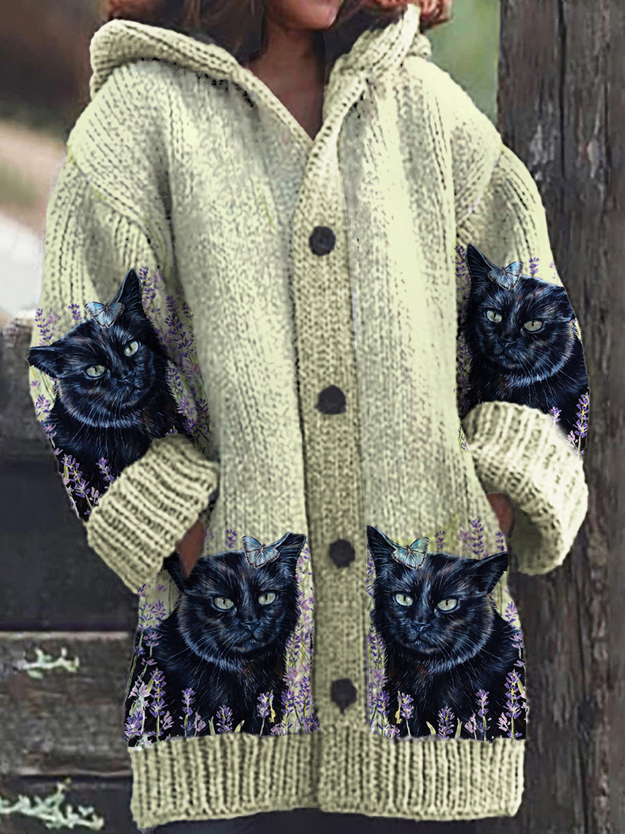 Women's Black Cat Lavender Flower Pattern Button Casual Warm Hooded Cardigan