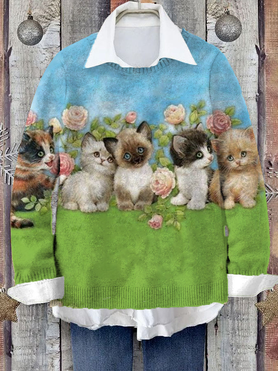 Women's Cat Flower Color Block Pattern Round Neck Casual Warm Pullover Sweater