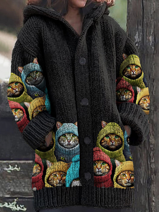 Women's Cat Pattern Button Casual Warm Hooded Cardigan