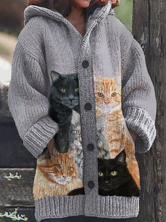 Women's Black Cat Pattern Button Up Casual Warm Hooded Cardigan