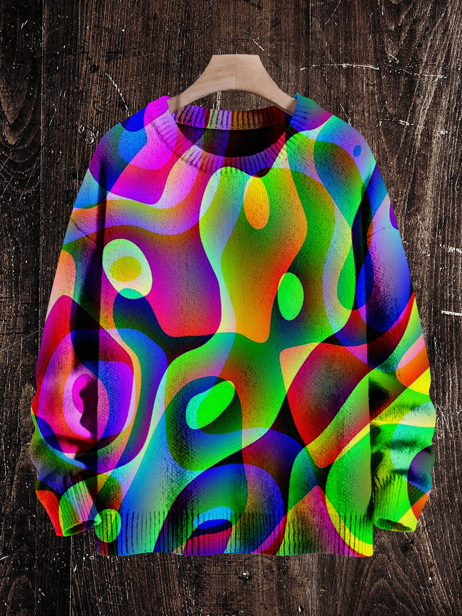 Vintage Abstract Pattern Print Unisex Crew Neck Long Sleeve Knit Sweater