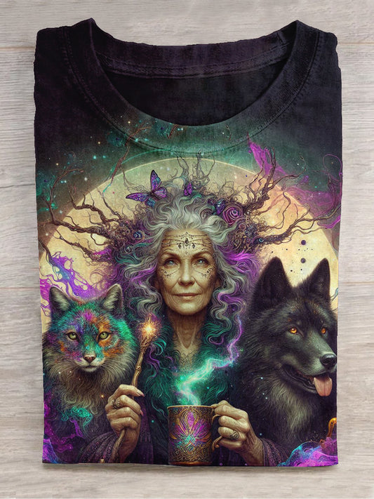 Witch Black Cat Black Wolf Art Print Round Neck Short Sleeve Casual T-shirt