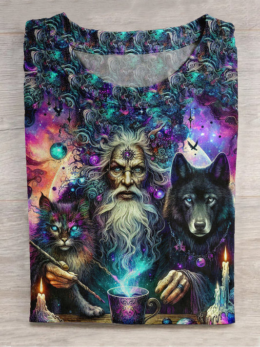 Wizard and Black Cat Black Wolf Art Print Round Neck Short Sleeve Casual T-shirt