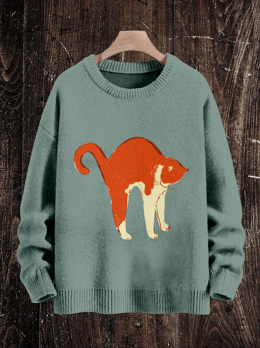 Vintage Cat Print Unisex Crew Neck Long Sleeve Knit Sweater