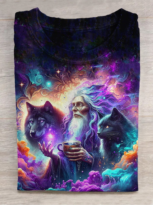 Wizard and Black Cat Black Wolf Art Print Round Neck Short Sleeve Casual T-shirt