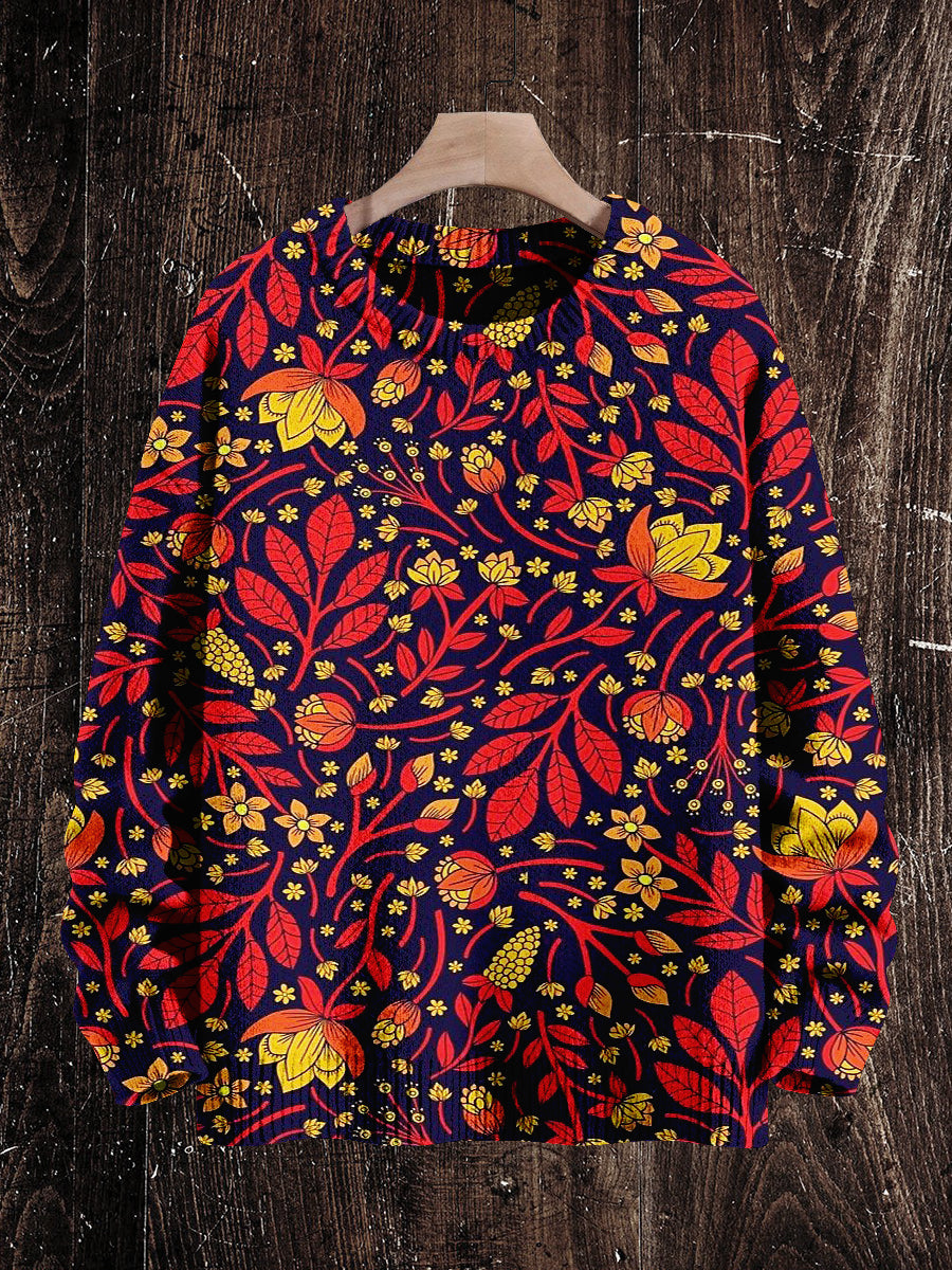 Retro Abstract Red Leaf Plant Pattern Print Unisex Round Neck Long Sleeve Knitted Sweater