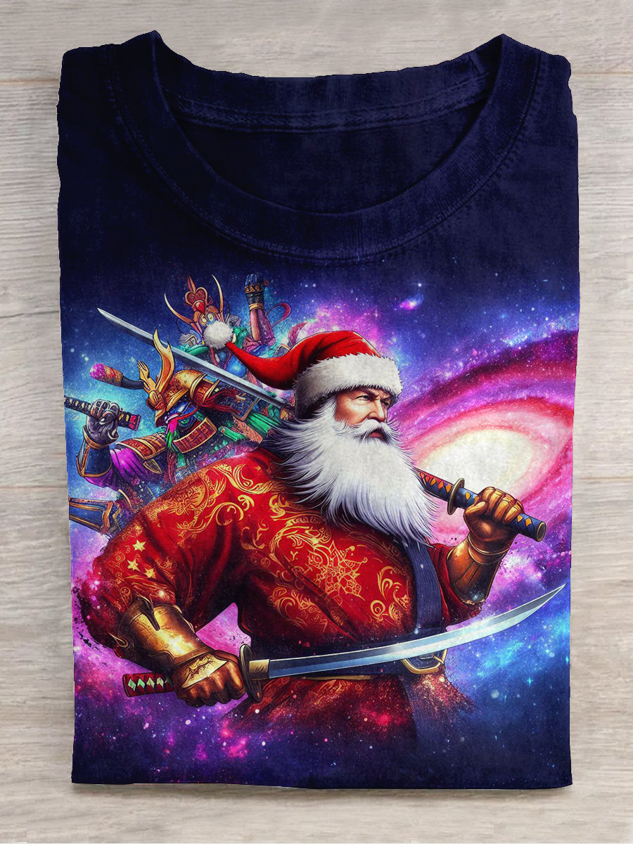 Santa Claus Art Print Round Neck Short Sleeve Casual T-shirt