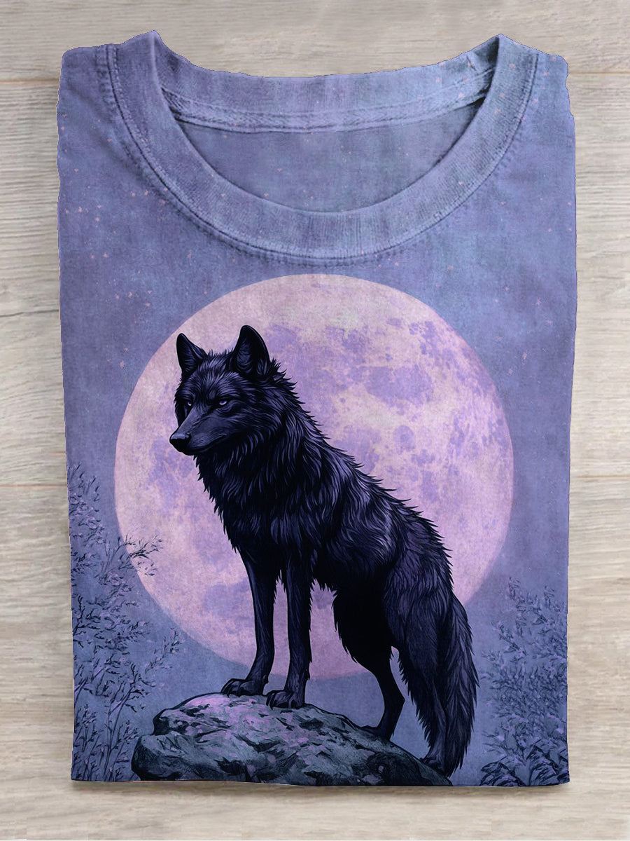 Black Wolf Art Print Round Neck Short Sleeve Casual T-Shirt