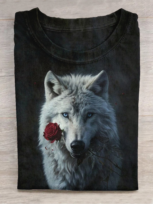 White Wolf Rose Art Print Round Neck Short Sleeve Casual T-shirt