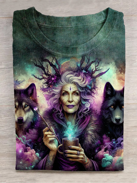 Witch and Wolf Art Print Round Neck Short Sleeve Casual T-Shirt