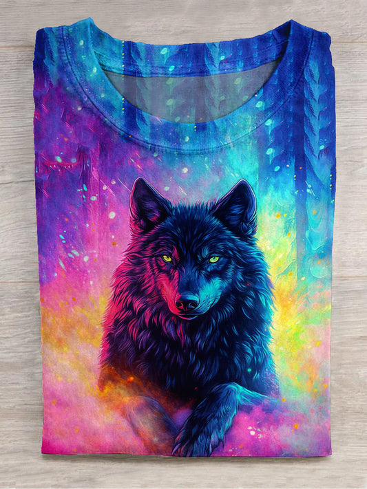 Black Wolf Art Print Round Neck Short Sleeve Casual T-Shirt