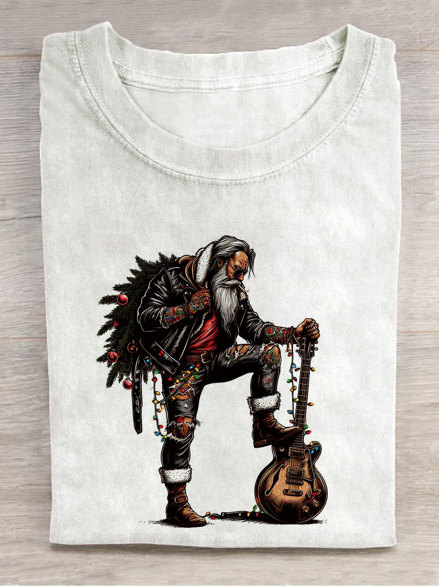 Santa Claus Art Print Round Neck Short Sleeve Casual T-shirt