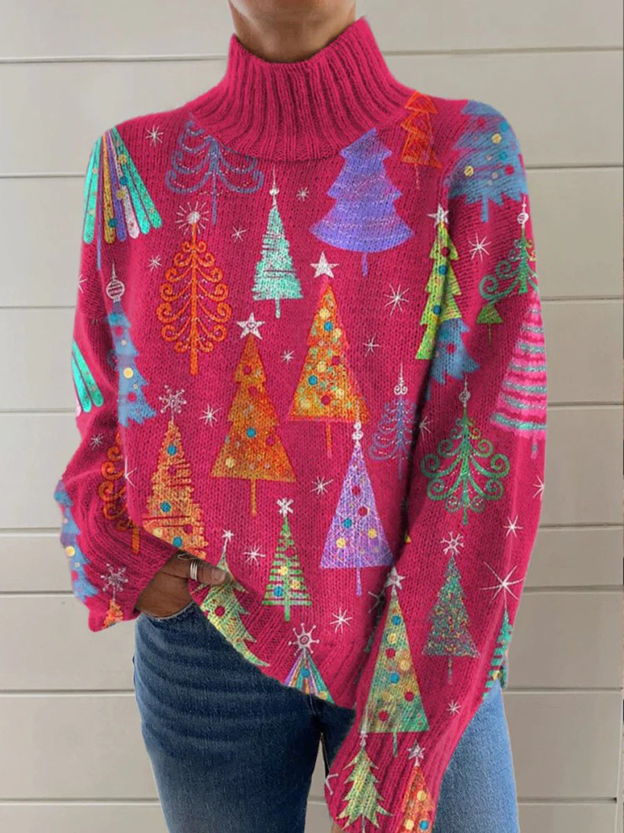 Women's Christmas Tree Pattern Warm Casual Turtleneck Sweater