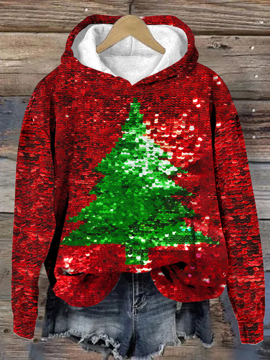 Unisex Christmas Tree Pattern Casual Long-Sleeved Hooded Sweatshirt