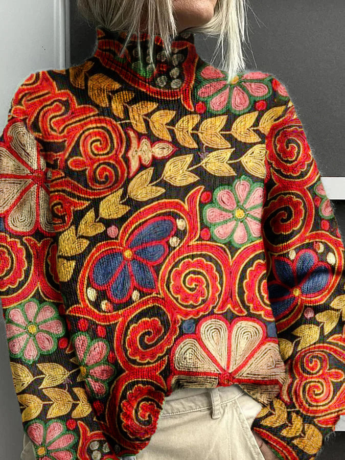 Women's Retro Ethnic Pattern Warm Casual Turtleneck Sweater