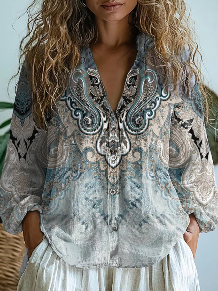 Women's Retro Ethnic Art Print Casual Button Up Long Sleeve Shirt