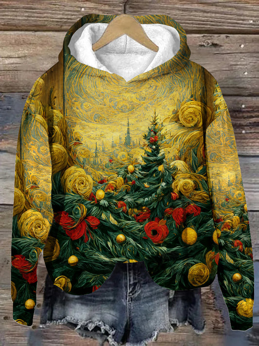 Unisex Christmas Tree Pattern Casual Long-Sleeved Hooded Sweatshirt