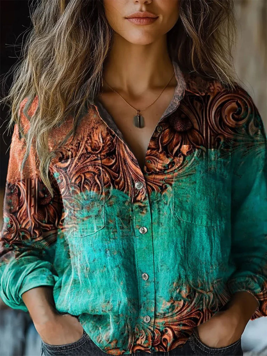 Women's Retro Ethnic Art Print Casual Button Up Long Sleeve Shirt