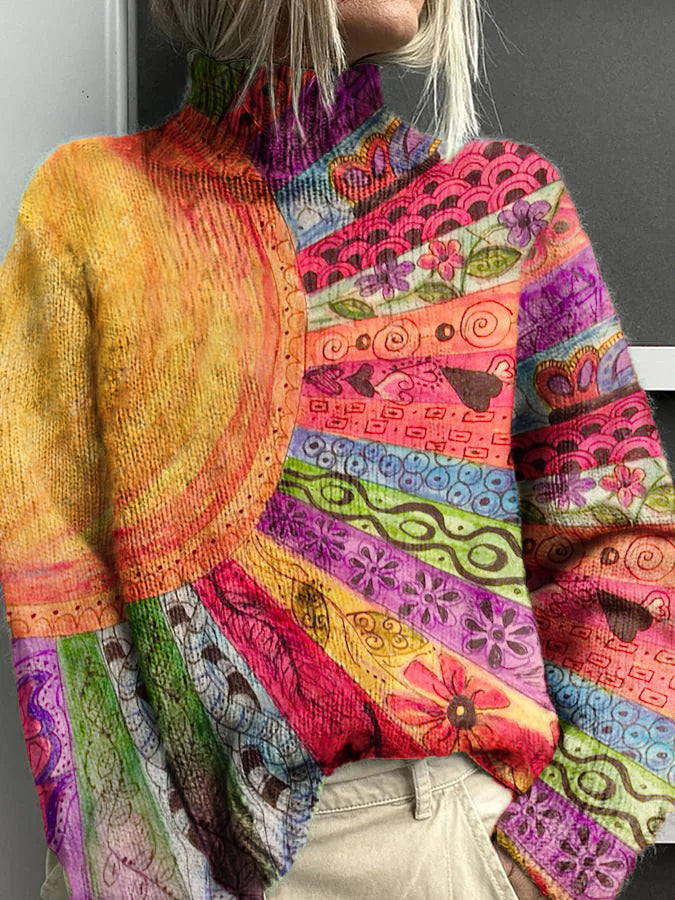 Women's Retro Ethnic Color Sun Collage Print Pattern Warm Casual Turtleneck Sweater